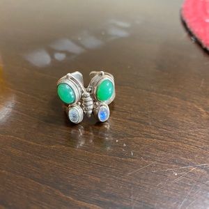 Sterling opal and jade adjustable ring